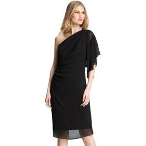 T by Tadashi One Shoulder Flutter Sleeve Layered Black Cocktail Dress Size 6